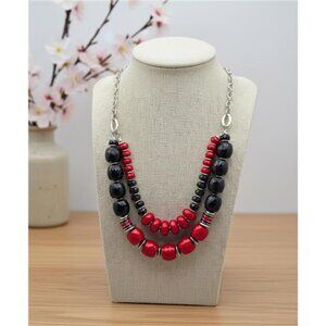 Carol Dauplaise Red Black Faceted Bead Double Strand Statement Necklace 21 In